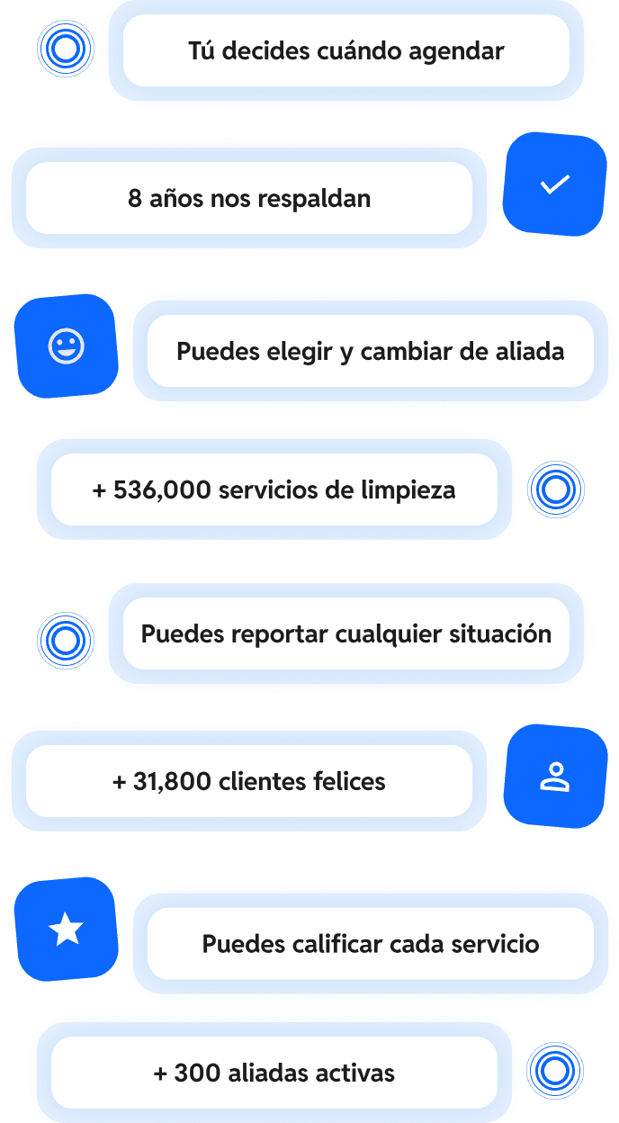 Tú decides cuándo agendar, puedes elegir y cambiar de aliada, puedes reportar cualquier situación, puedes calificar cada servicio. 8 años nos respaldan, más de 536,000 servicios de limpieza, más de 31,800 clientes felices, más de 300 aliadas activas.