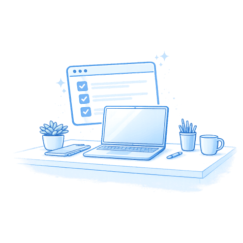 Escritorio con laptop y checklist de cotización
